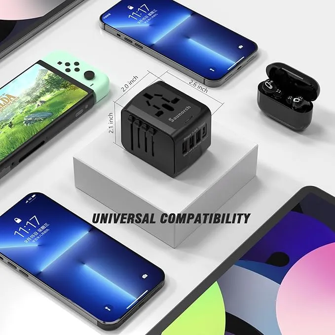 universal travel power adapter with usb c & usb a fast charging