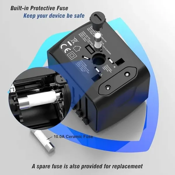 universal travel power adapter with usb c & usb a fast charging