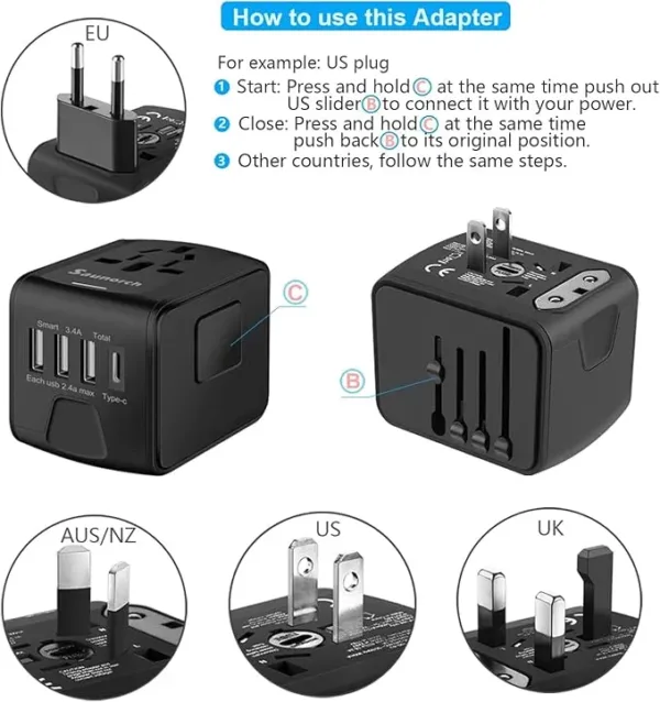 universal travel power adapter with usb c & usb a fast charging