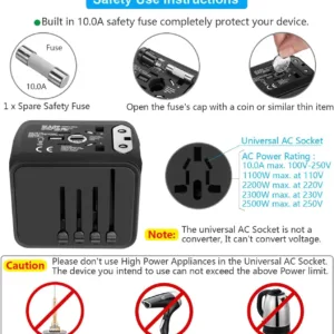 universal travel power adapter with usb c & usb a fast charging