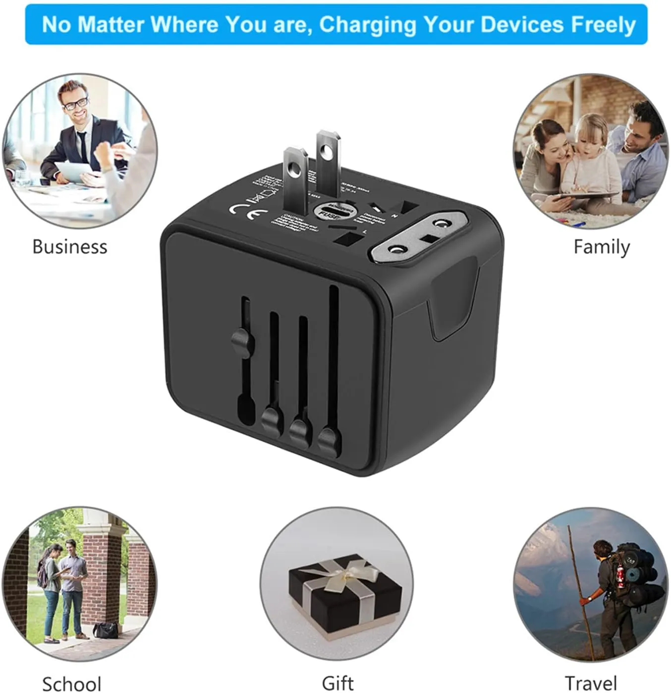 universal travel power adapter with usb c & usb a fast charging