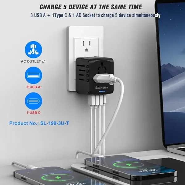 universal travel power adapter with usb c & usb a fast charging