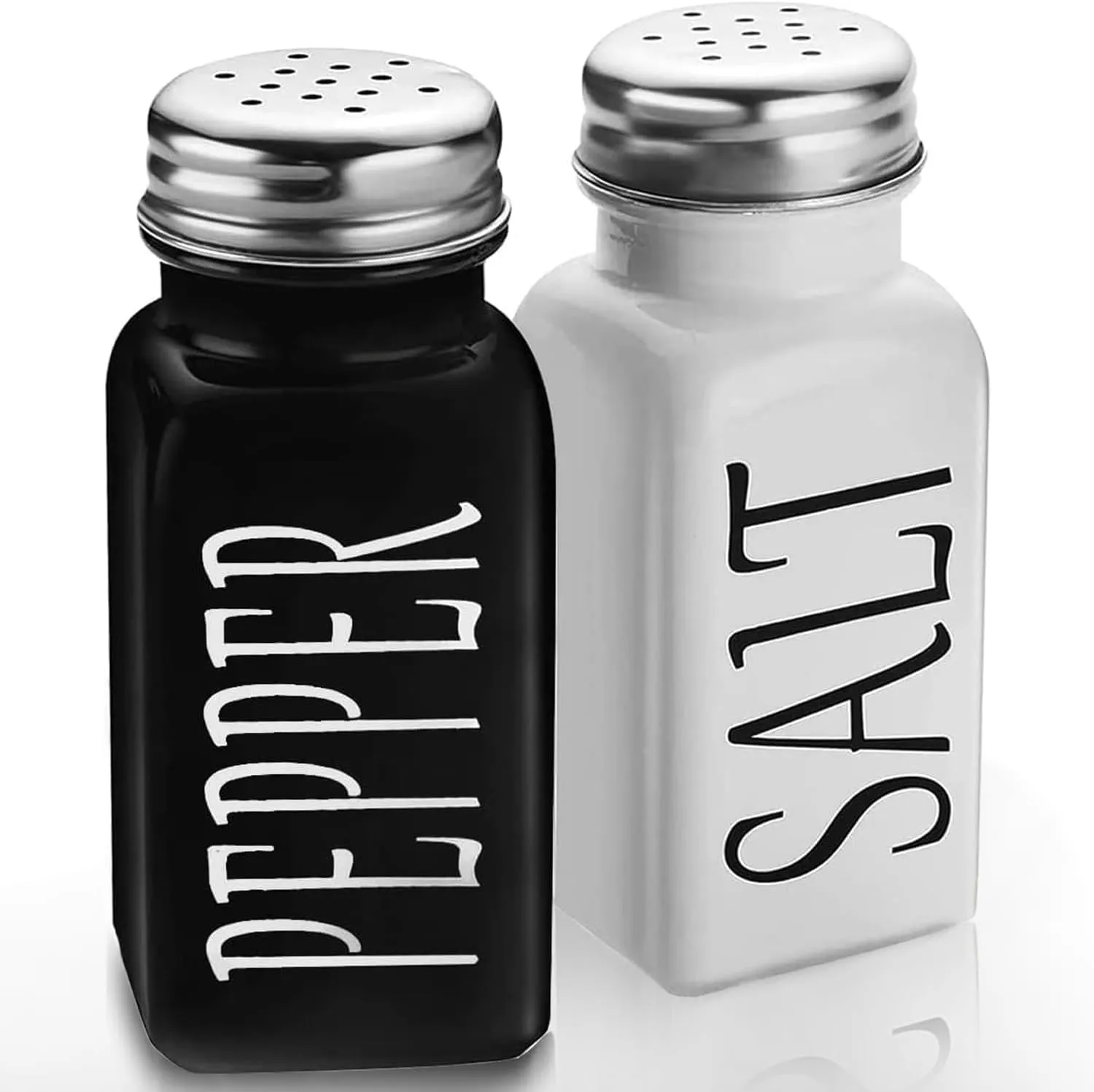 Black and white vintage-style glass salt and pepper shaker set with stainless steel lids.
