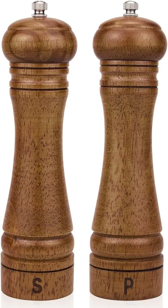 8-inch oak wood salt and pepper grinder set with adjustable ceramic rotors, pack of 2.