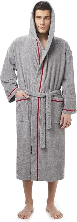 Arus men’s hooded bathrobe – full length Turkish cotton robe with classic design, soft, absorbent, and perfect for spa, lounging, and everyday comfort.