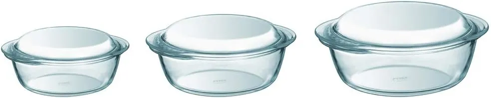 Glass round casserole dish set, 3-piece bakeware collection with lids, clear.