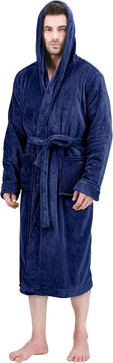NY Threads men’s hooded fleece bathrobe – soft plush lounge robe, warm and cozy nightwear for spa, bedroom, and everyday relaxation at home.