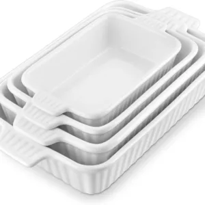 Porcelain rectangular casserole and bakeware set of 4, deep lasagna baking dishes with handles, white.