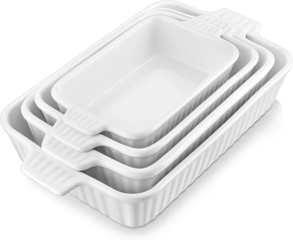 Porcelain rectangular casserole and bakeware set of 4, deep lasagna baking dishes with handles, white.