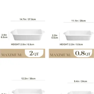 porcelain rectangular casserole and bakeware set of 4, deep lasagna baking dishes with handles, white
