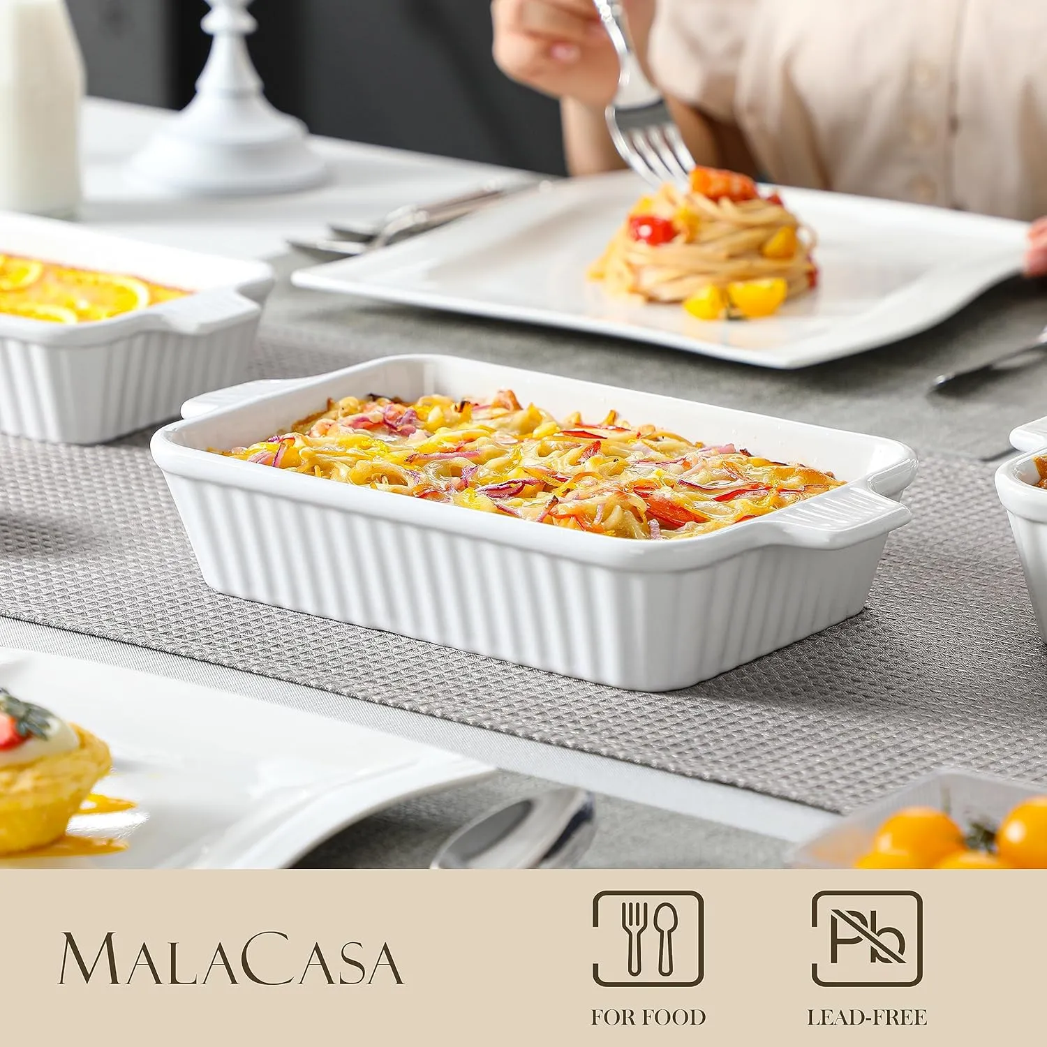 porcelain rectangular casserole and bakeware set of 4, deep lasagna baking dishes with handles, white