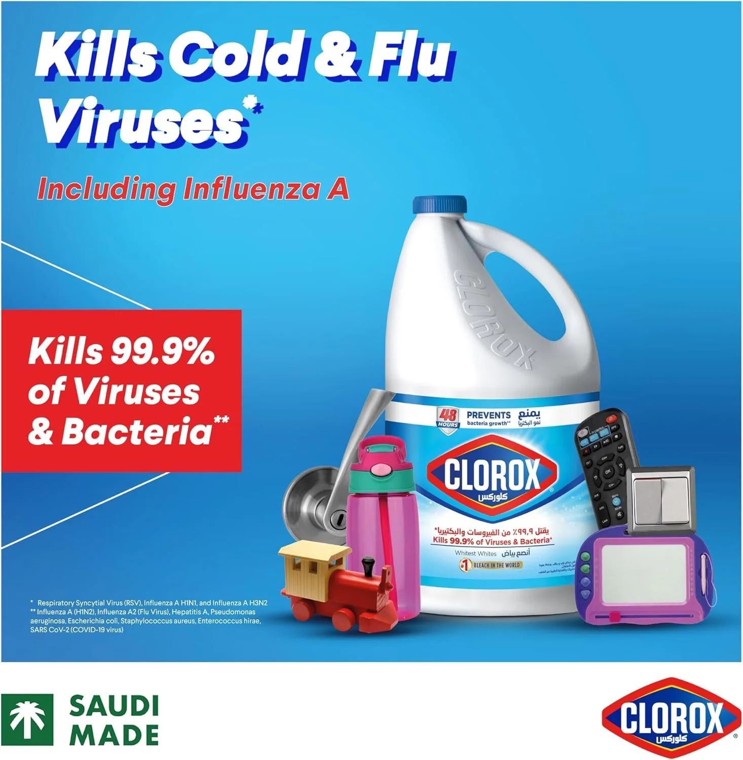 Clorox claims: kills cold and flu viruses, including Influenza A.