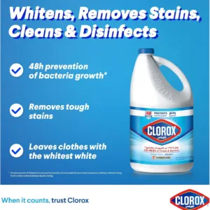 Clorox bottle, whitens, removes stains, cleans, disinfects.