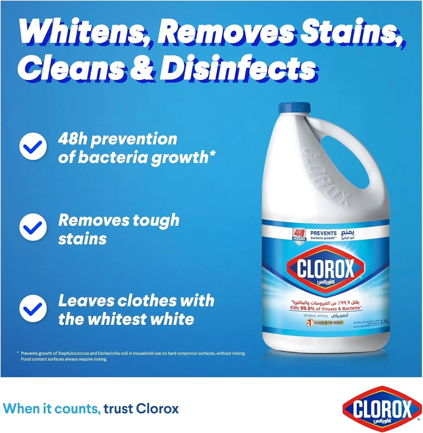 Clorox bottle, whitens, removes stains, cleans, disinfects.