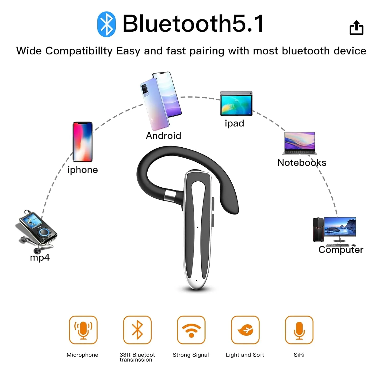 bluetooth headset cell phone 5