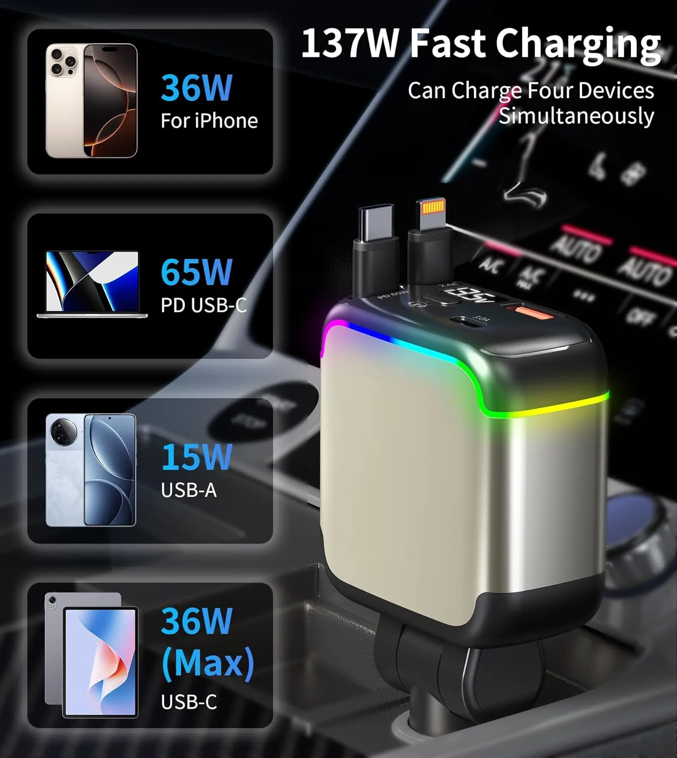 car charger retractable usb 2