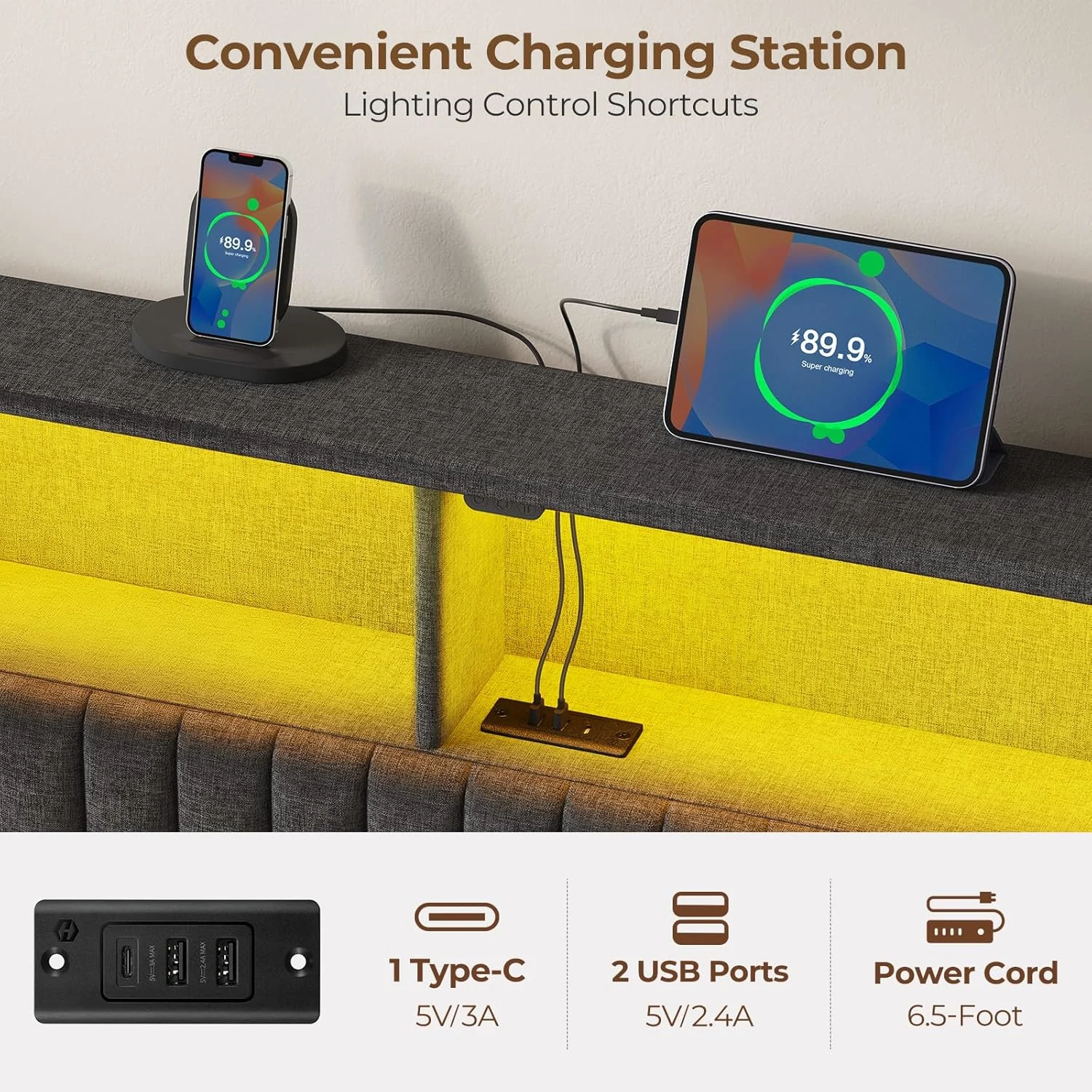 headboard storage usb led 5