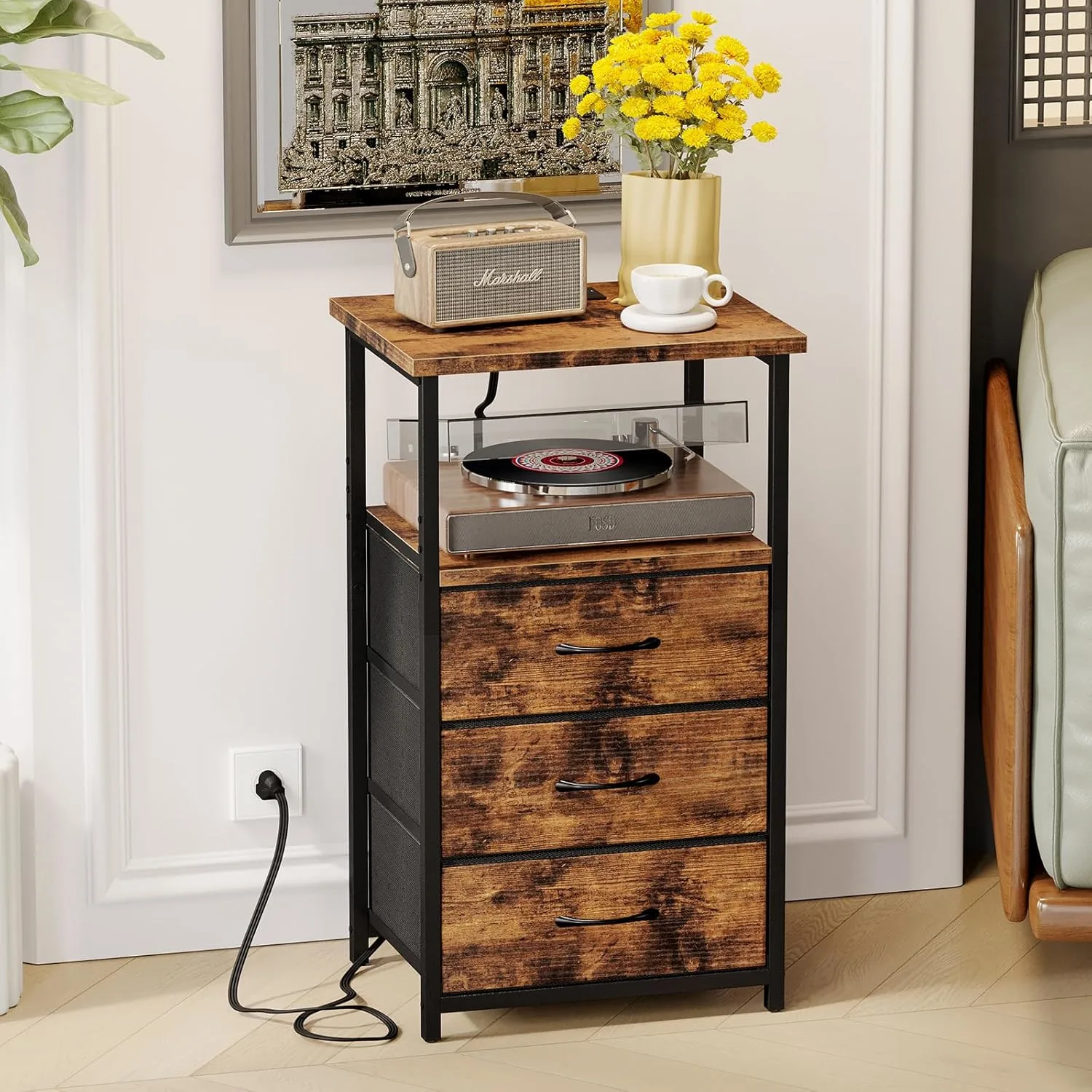 nightstand charging fabric drawers 5