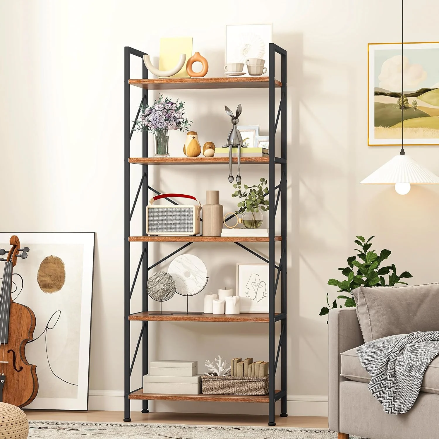 tier bookshelf wood metal 3
