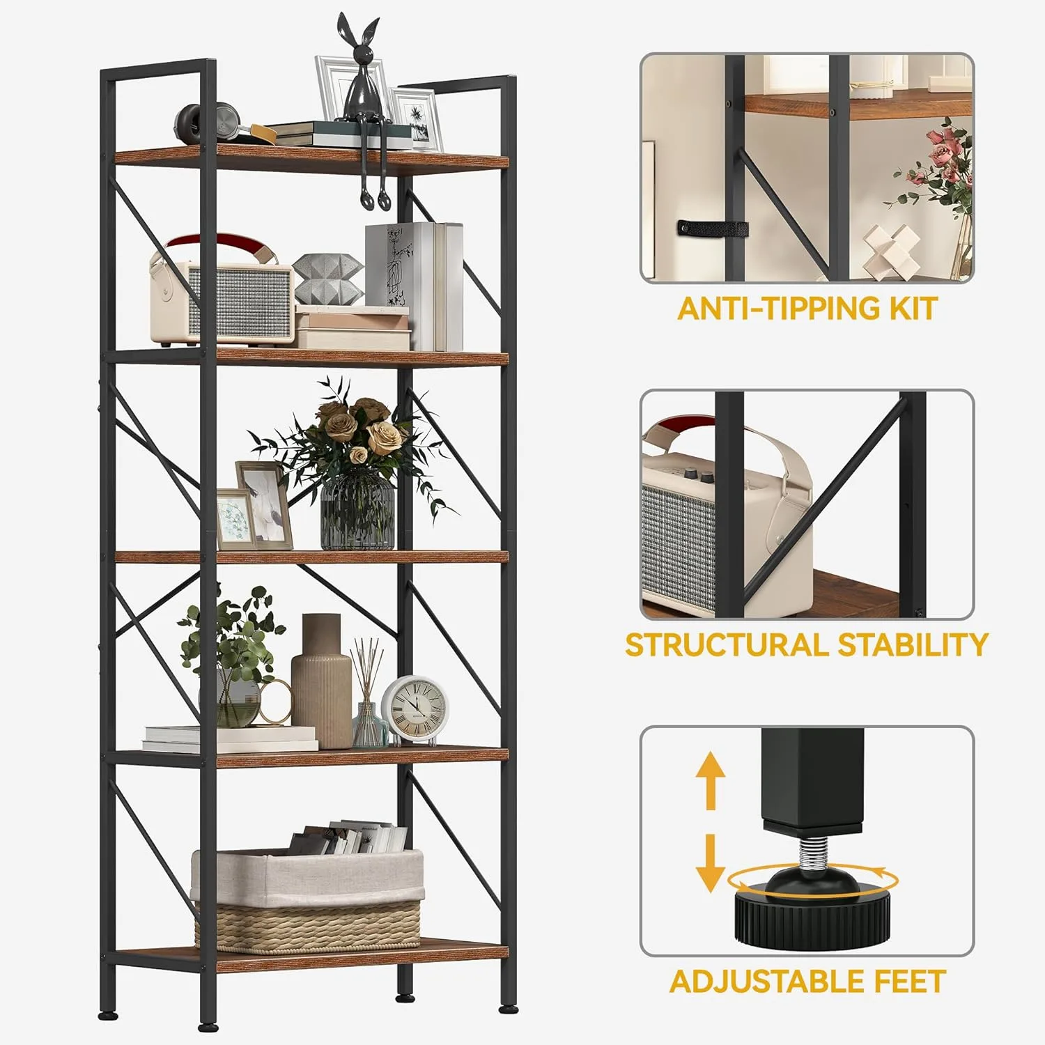 tier bookshelf wood metal 5