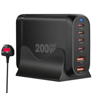Yakiter 200W USB C charger features six ports, including four Type-C ports and two USB ports, using GaN 3 chip technology to efficiently charge laptops, tablets, and smartphones.