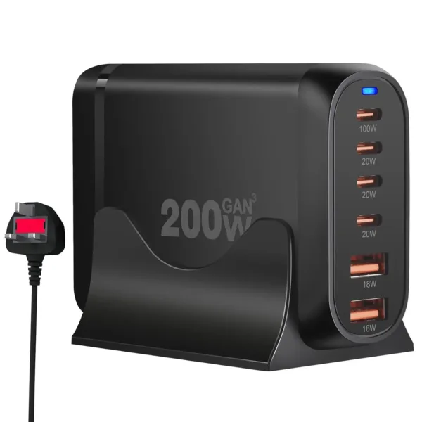 Yakiter 200W USB C charger features six ports, including four Type-C ports and two USB ports, using GaN 3 chip technology to efficiently charge laptops, tablets, and smartphones.