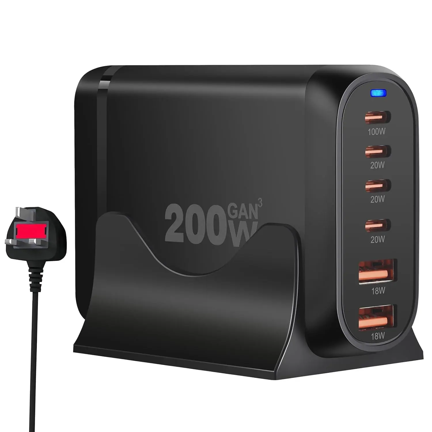 Yakiter 200W USB C charger features six ports, including four Type-C ports and two USB ports, using GaN 3 chip technology to efficiently charge laptops, tablets, and smartphones.