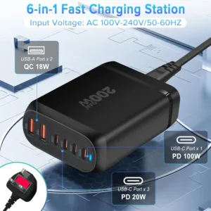 Yakiter 200W USB C charger features six ports, including four Type-C ports and two USB ports, using GaN 3 chip technology to efficiently charge laptops, tablets, and smartphones.