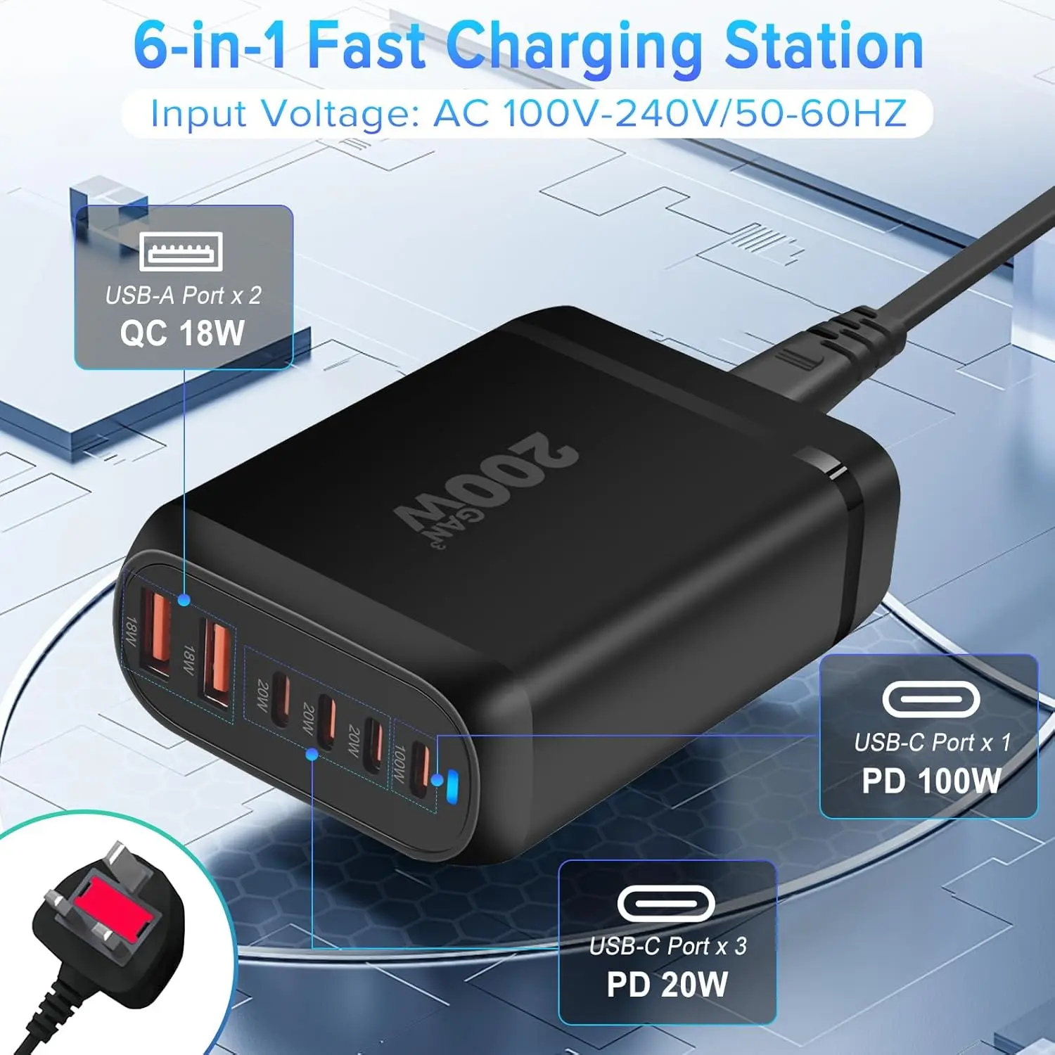 Yakiter 200W USB C charger features six ports, including four Type-C ports and two USB ports, using GaN 3 chip technology to efficiently charge laptops, tablets, and smartphones.