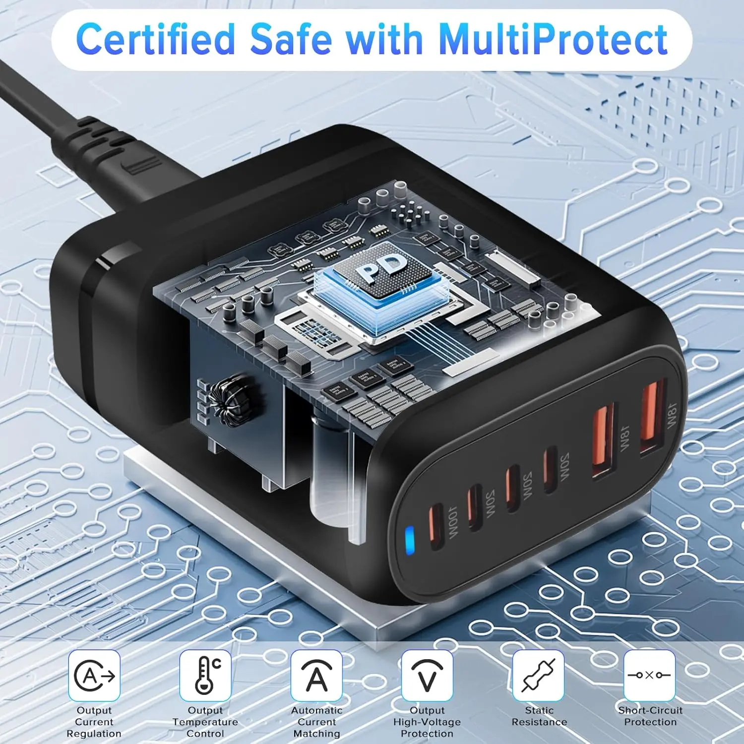 Yakiter 200W USB C charger features six ports, including four Type-C ports and two USB ports, using GaN 3 chip technology to efficiently charge laptops, tablets, and smartphones.