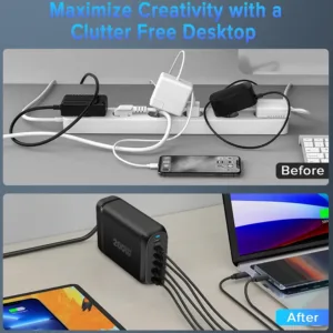 Yakiter 200W USB C charger features six ports, including four Type-C ports and two USB ports, using GaN 3 chip technology to efficiently charge laptops, tablets, and smartphones.