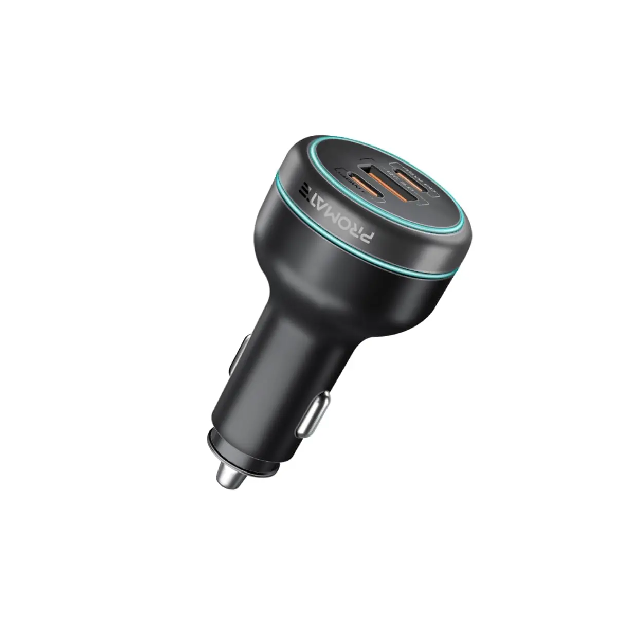 The Promate PowerDrive-230 car charger features dual Power Delivery and Quick Charge ports including a 140W USB-C QC 3.0 port, 45W USB-C, and 45W USB-A, made with heat-resistant material and surge protection.