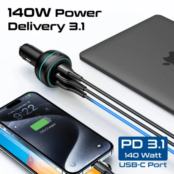 The Promate PowerDrive-230 car charger features dual Power Delivery and Quick Charge ports including a 140W USB-C QC 3.0 port, 45W USB-C, and 45W USB-A, made with heat-resistant material and surge protection.