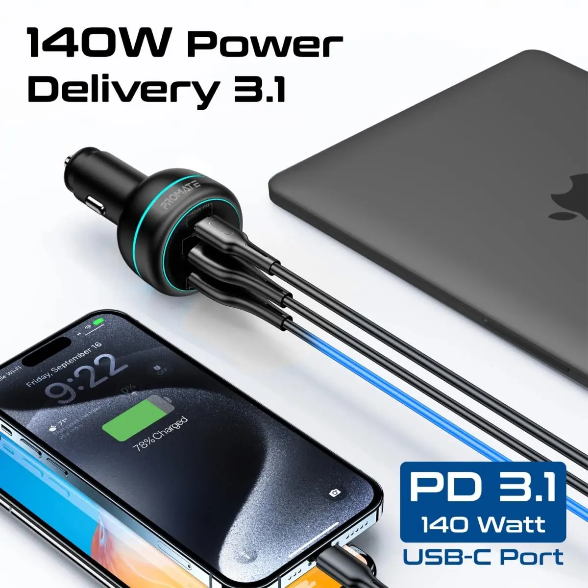 The Promate PowerDrive-230 car charger features dual Power Delivery and Quick Charge ports including a 140W USB-C QC 3.0 port, 45W USB-C, and 45W USB-A, made with heat-resistant material and surge protection.
