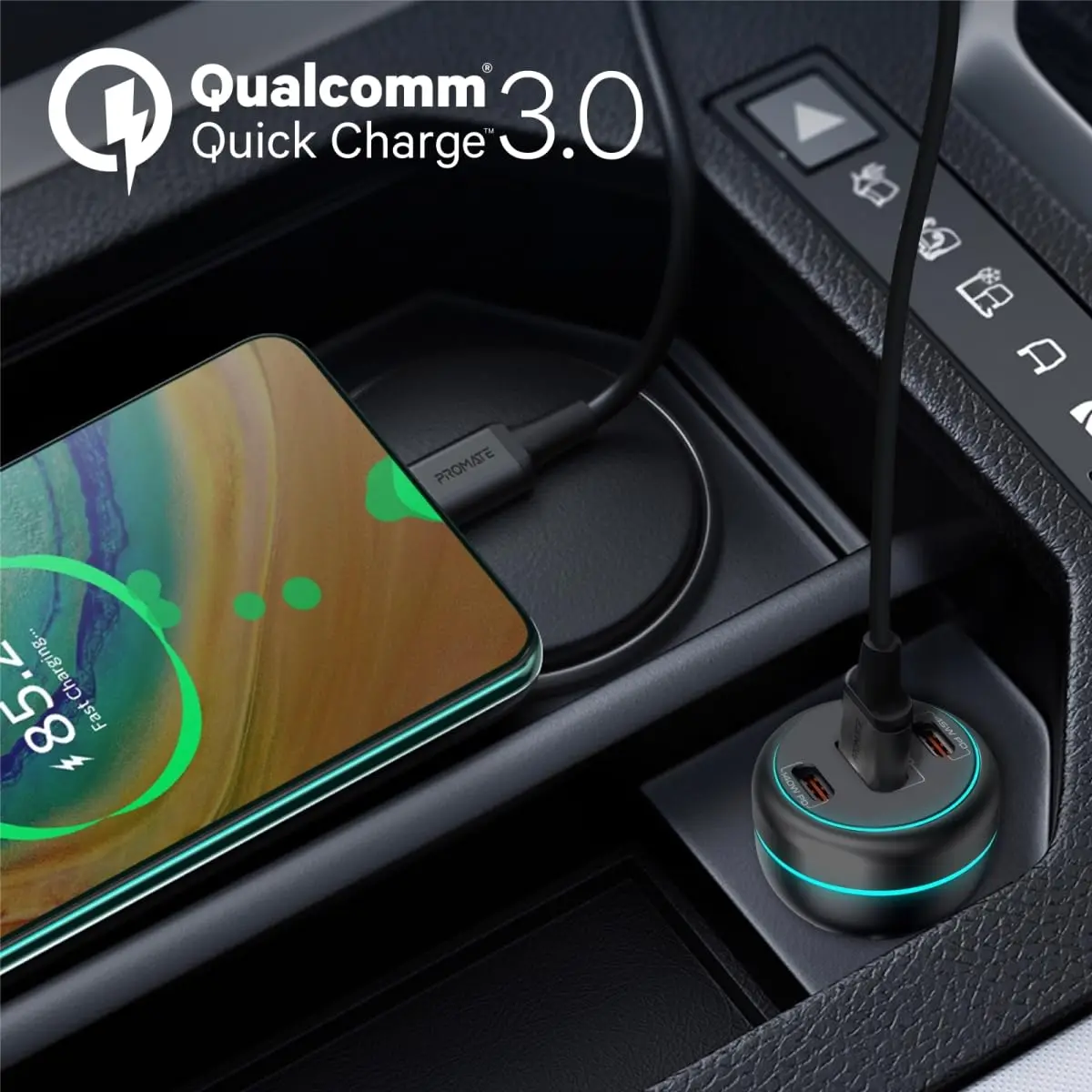 The Promate PowerDrive-230 car charger features dual Power Delivery and Quick Charge ports including a 140W USB-C QC 3.0 port, 45W USB-C, and 45W USB-A, made with heat-resistant material and surge protection.