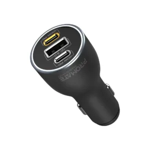 The Promate PowerDrive-230 car charger features dual Power Delivery and Quick Charge ports including a 140W USB-C QC 3.0 port, 45W USB-C, and 45W USB-A, made with heat-resistant material and surge protection.