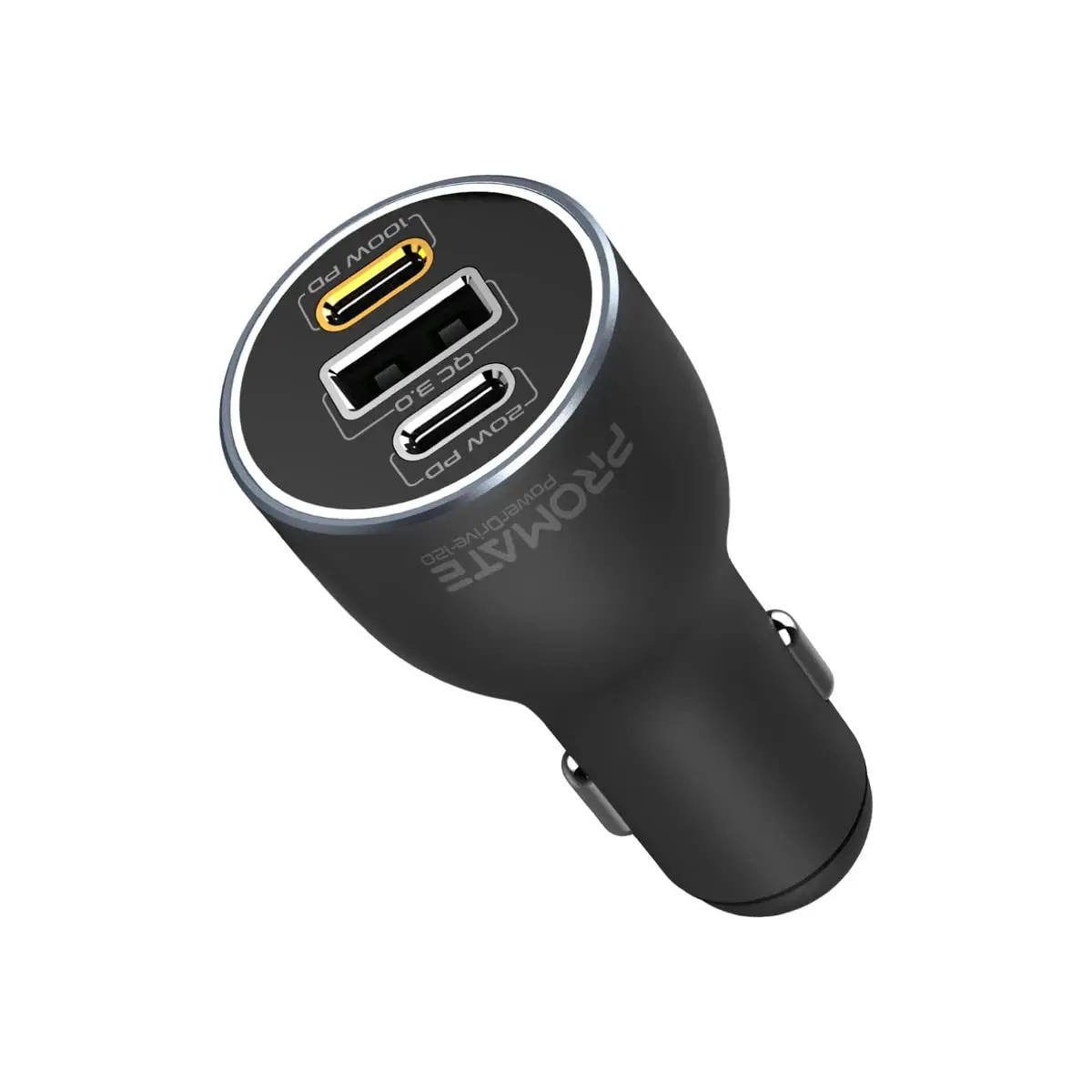 The Promate PowerDrive-230 car charger features dual Power Delivery and Quick Charge ports including a 140W USB-C QC 3.0 port, 45W USB-C, and 45W USB-A, made with heat-resistant material and surge protection.