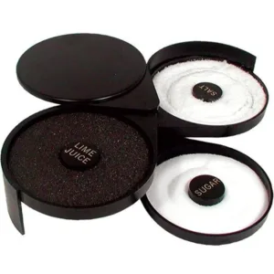 This is a black, plastic PAMLER 3-tier bar glass rimmer with compartments for salt and sugar.