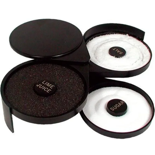 This is a black, plastic PAMLER 3-tier bar glass rimmer with compartments for salt and sugar.