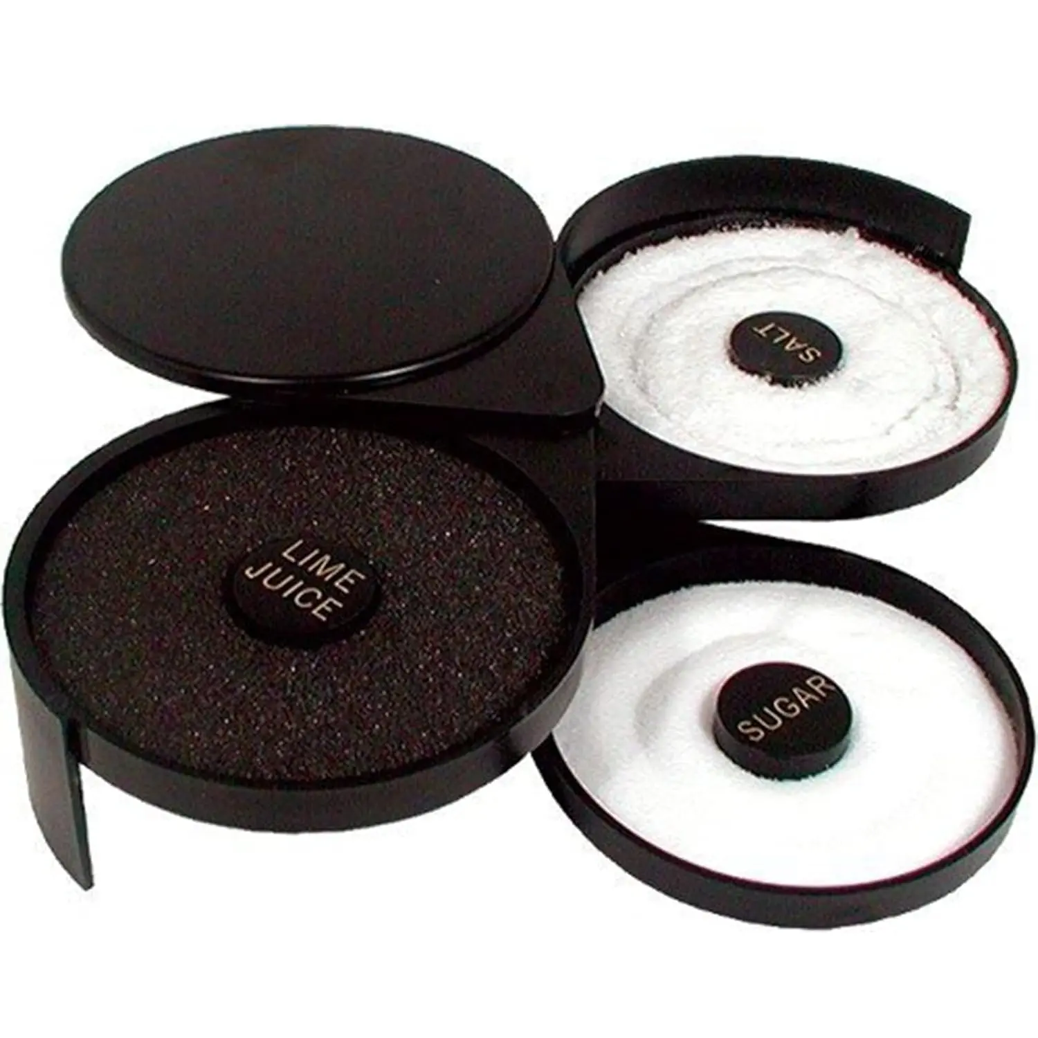 This is a black, plastic PAMLER 3-tier bar glass rimmer with compartments for salt and sugar.