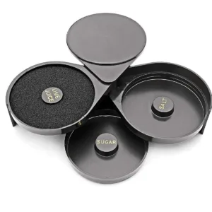 This is a black, plastic PAMLER 3-tier bar glass rimmer with compartments for salt and sugar.