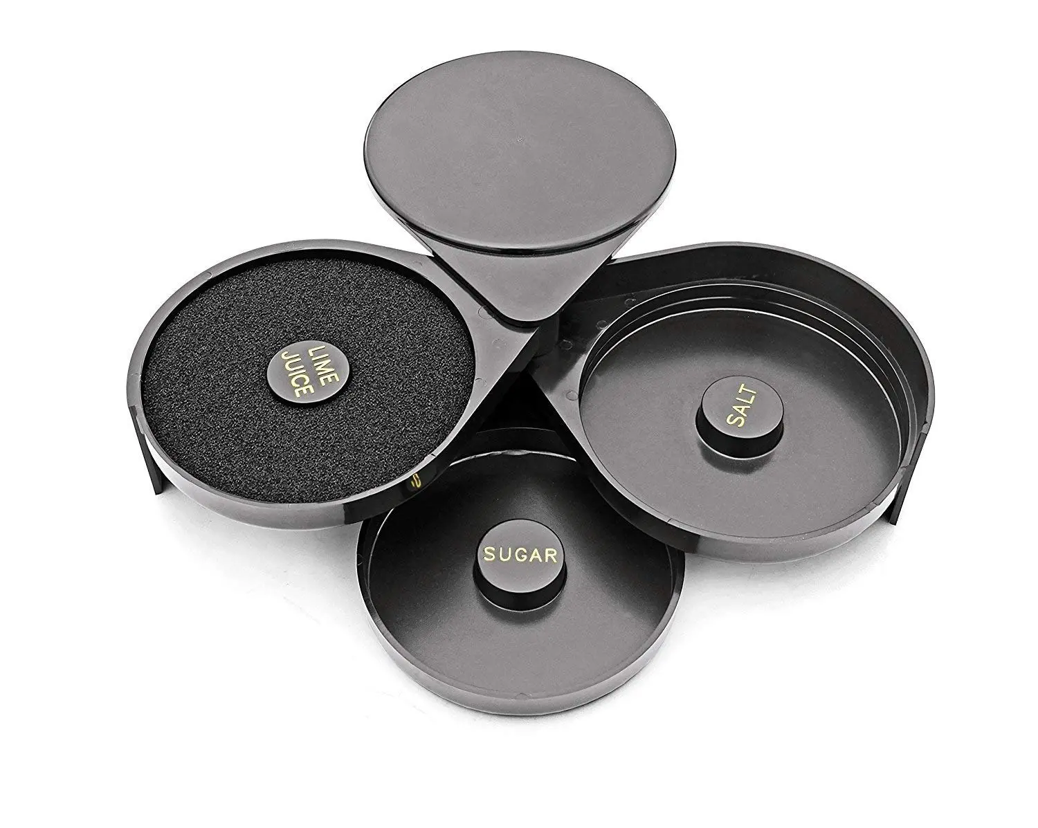 This is a black, plastic PAMLER 3-tier bar glass rimmer with compartments for salt and sugar.