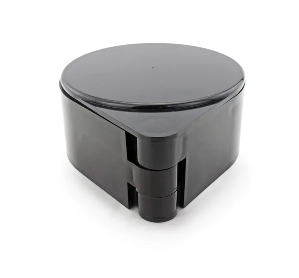 This is a black, plastic PAMLER 3-tier bar glass rimmer with compartments for salt and sugar.