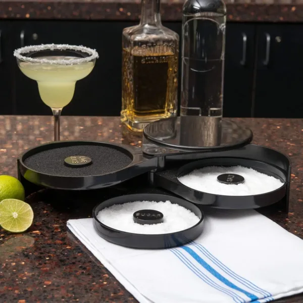This is a black, plastic PAMLER 3-tier bar glass rimmer with compartments for salt and sugar.