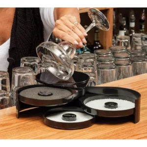 This is a black, plastic PAMLER 3-tier bar glass rimmer with compartments for salt and sugar.