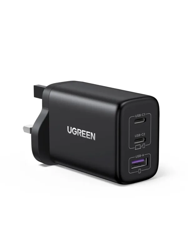UGREEN Nexode 65W USB C charger with 3 ports, using GaN technology, quickly charging a laptop and phone simultaneously.