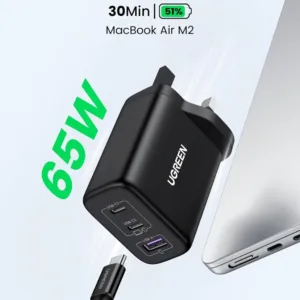 UGREEN Nexode 65W USB C charger with 3 ports, using GaN technology, quickly charging a laptop and phone simultaneously.