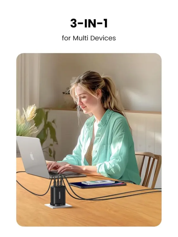 UGREEN Nexode 65W USB C charger with 3 ports, using GaN technology, quickly charging a laptop and phone simultaneously.