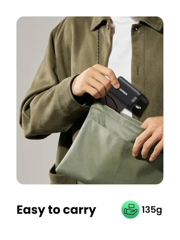 UGREEN Nexode 65W USB C charger with 3 ports, using GaN technology, quickly charging a laptop and phone simultaneously.