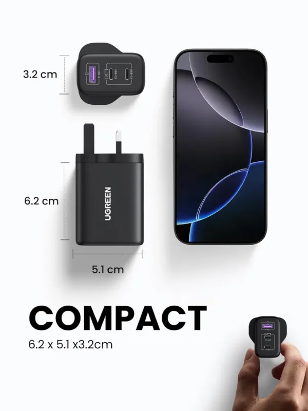 UGREEN Nexode 65W USB C charger with 3 ports, using GaN technology, quickly charging a laptop and phone simultaneously.